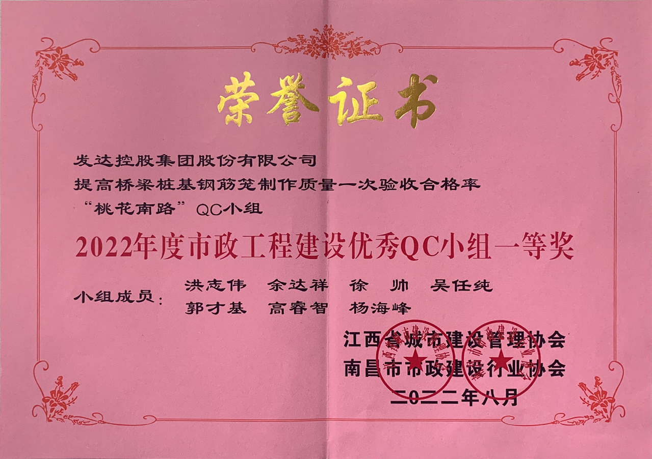 2022年度市政工程建設(shè)優(yōu)秀QC小組一等獎(jiǎng)